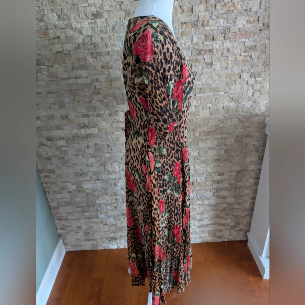 Vintage 90s Leopard and Rose Print Crinkle Rayon Midi Dress 70s Inspired Sz S - Picture 4 of 14